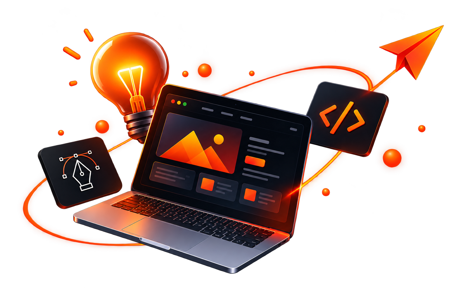 Digital design and development illustration with a laptop, light bulb and paper plane