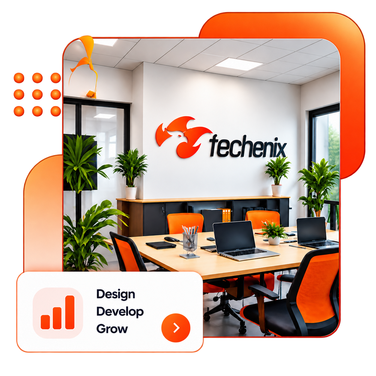 Techenix creative office workspace, with Design, Develop, Grow statement