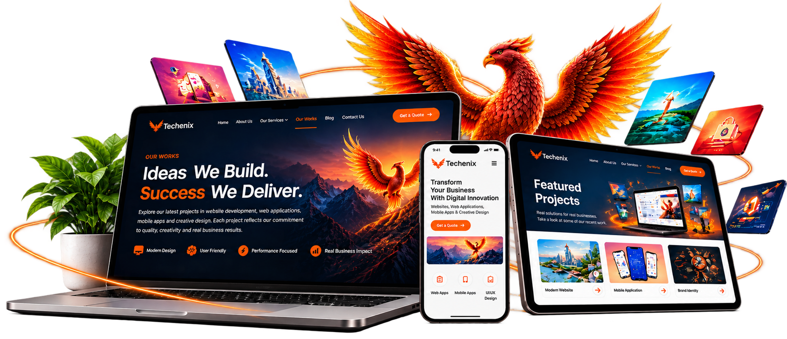 Techenix website and app designs displayed on a laptop, phone and tablet with an orange phoenix.