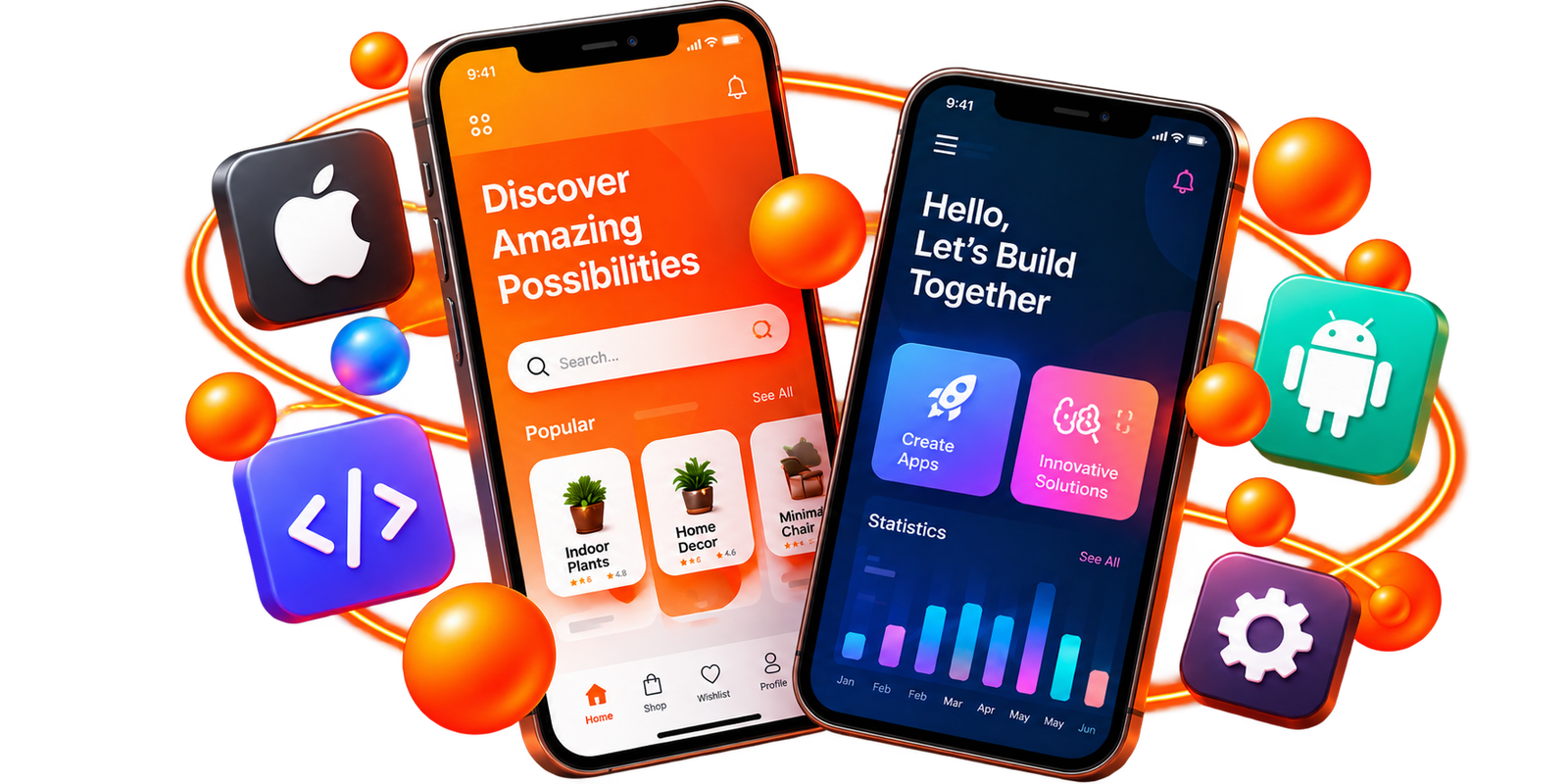 Two mobile app interfaces surrounded by Apple, Android and development icons