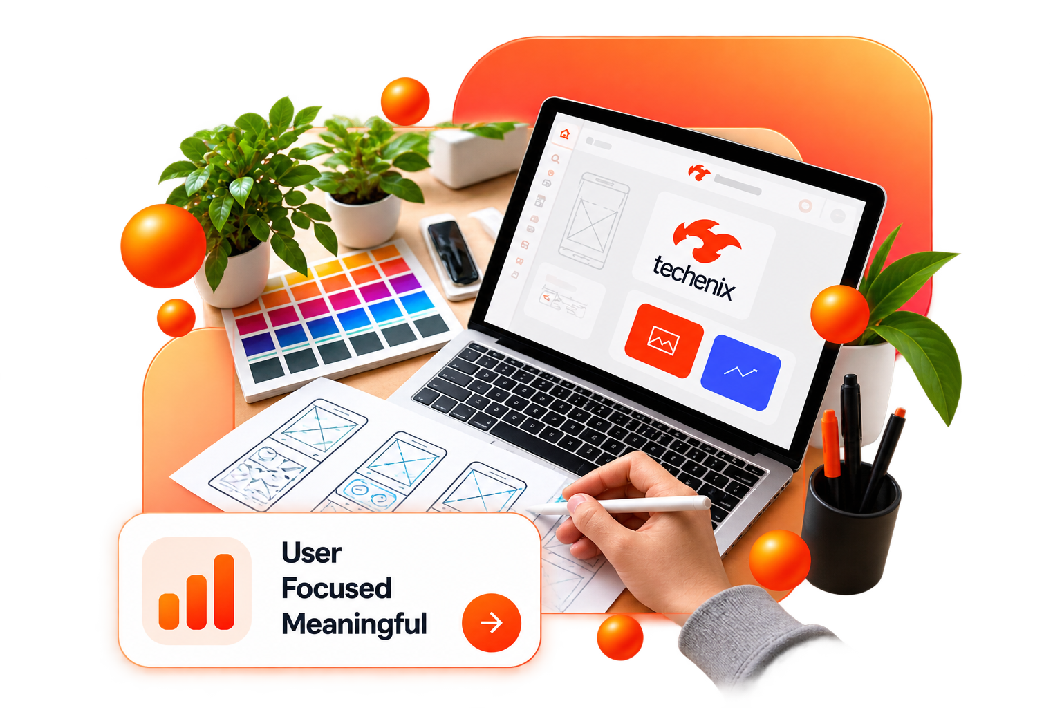 UI/UX design workspace with interface sketches, a laptop and color palette