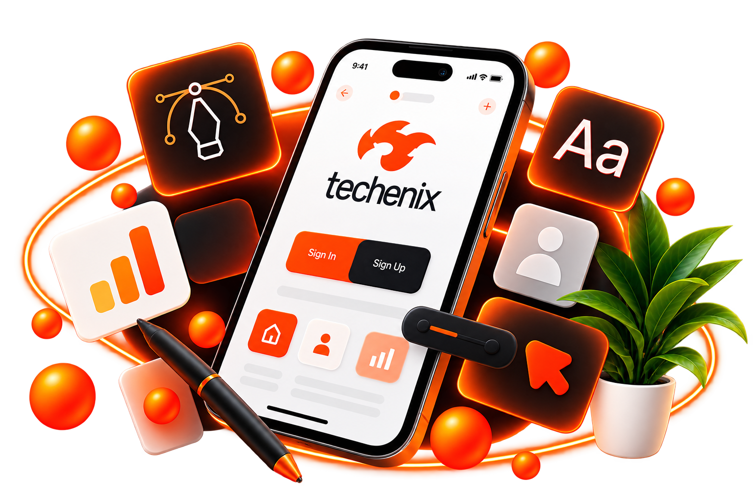 Techenix mobile interface design with creative tools and interactive elements
