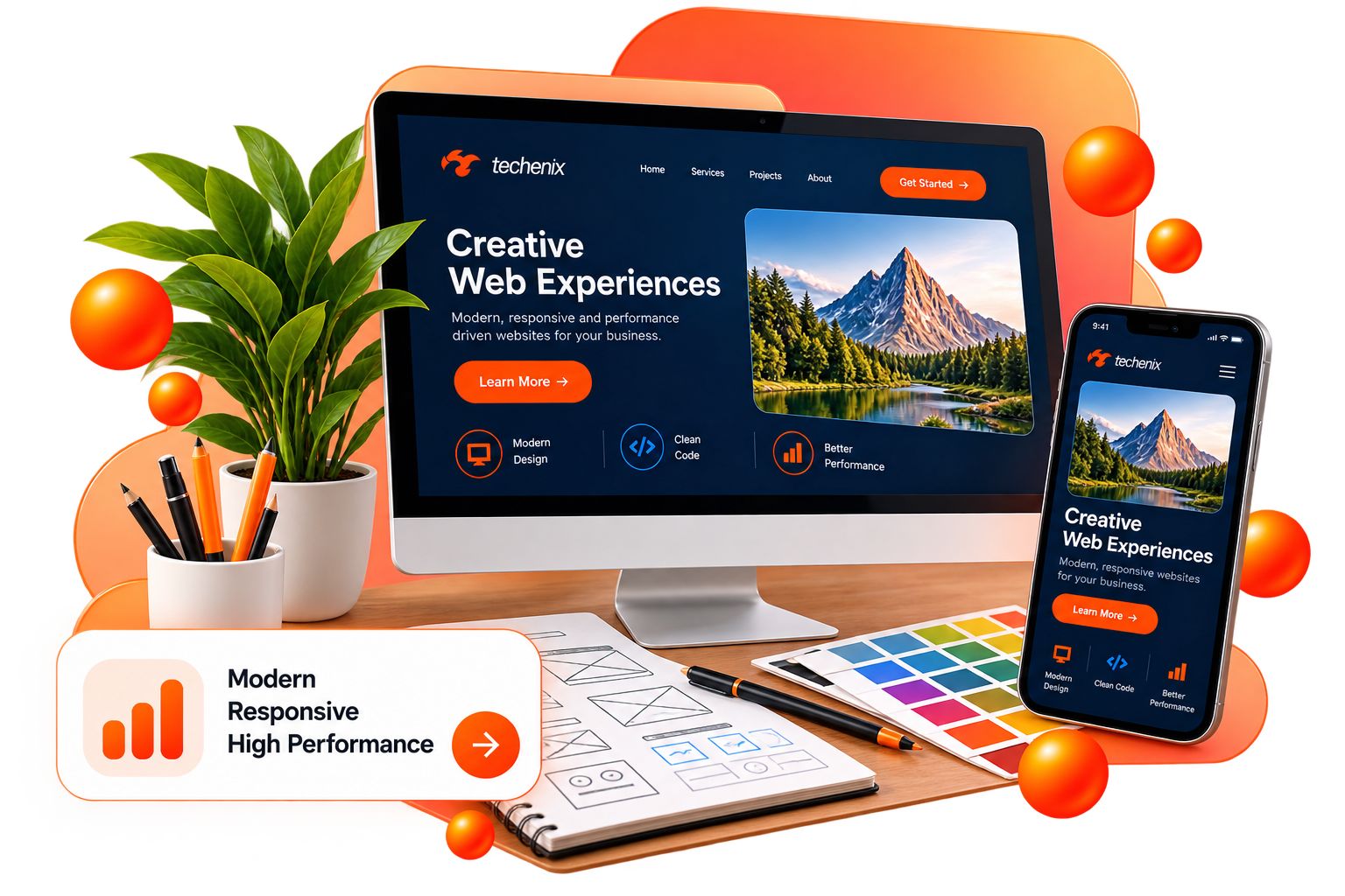 Responsive Techenix website on a desktop monitor and smartphone with a Modern, Responsive, High Performance badge