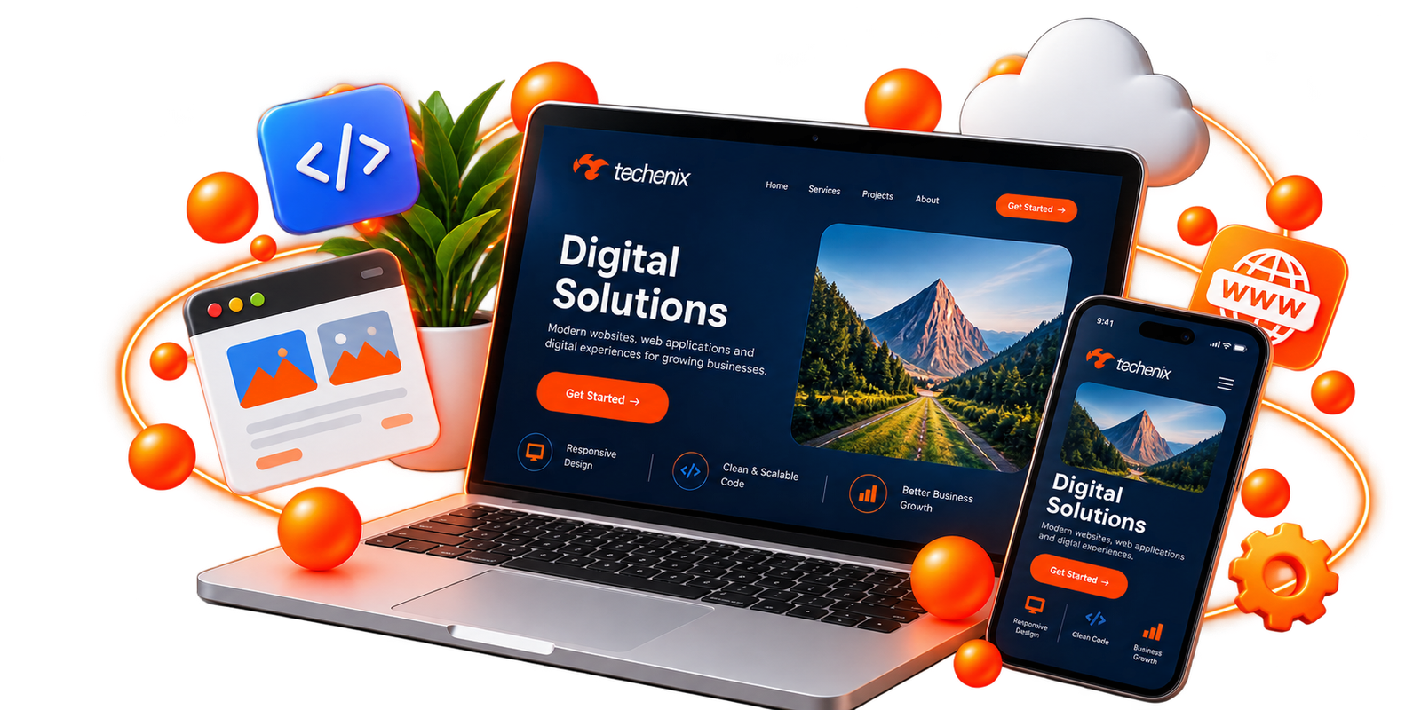Website design displayed on a laptop and smartphone, surrounded by web development icons